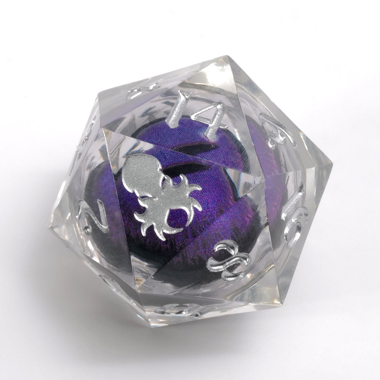 Dragon Eye: Purple Iris Single D20 w/ Silver Ink